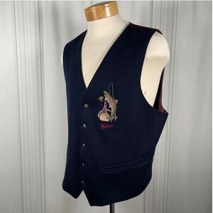 Vintage Woolrich Wool Blend Vest - Trout/Fishing Embroidery - Navy/Burgundy -L‎